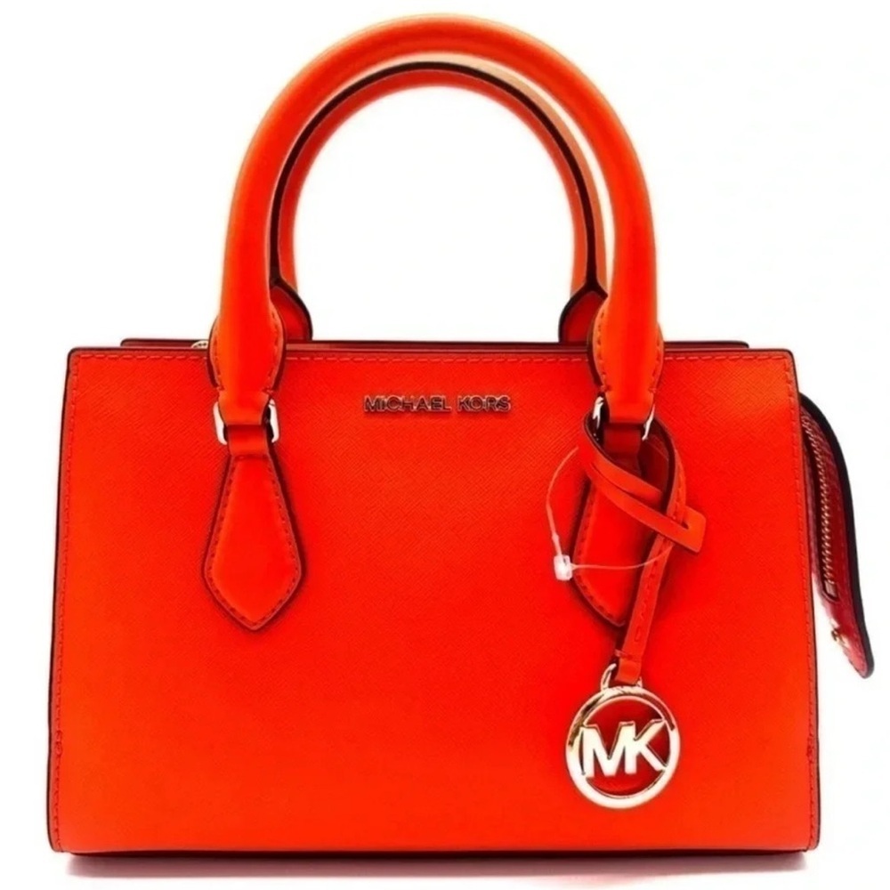 Michael Kors Sheila Small Center Zip Satchel Shoulder Crossbody Bag Orange/Gold - Picture 1 of 11